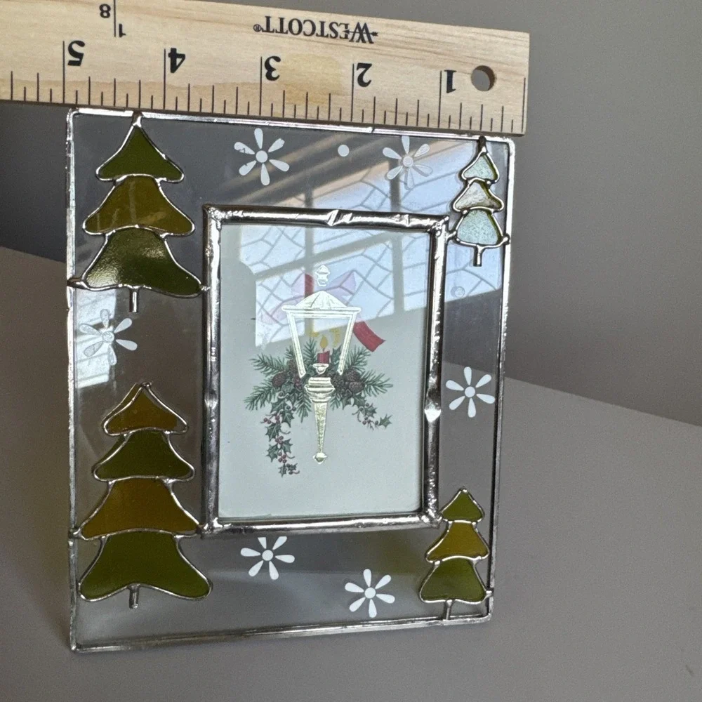 Vintage Stained Glass Christmas Tree & Snowflake 2.5x3.5 Photo Frame Metal Trim